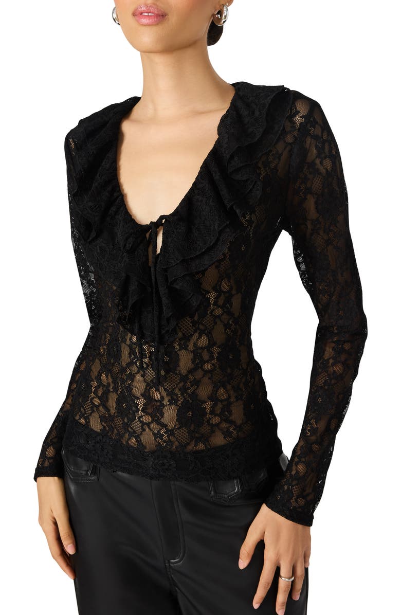 Steve Madden Elvie Sheer Lace Long Sleeve Top, Alternate, color, Black