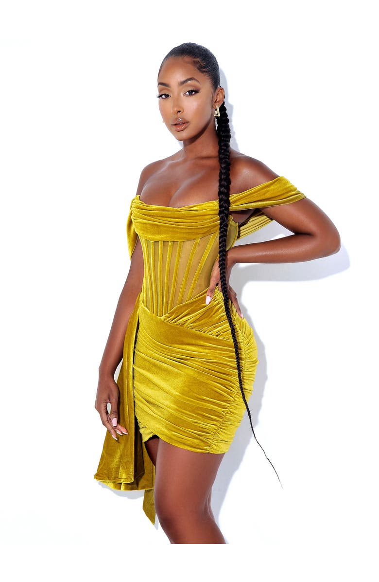 Miss Circle Irisaa Draping Off Shoulder Corset Mini Dress, Alternate, color, Gold