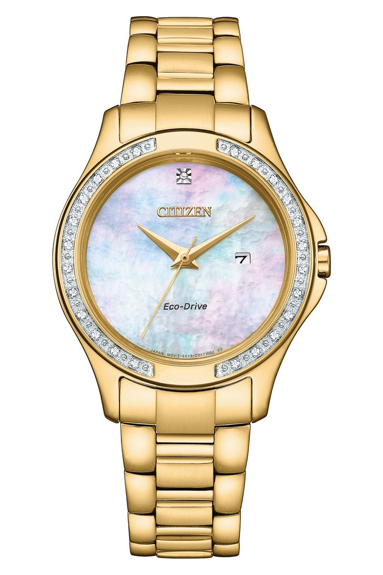 Eco-Drive Mother-of-Pearl & Crystal Bracelet Watch, 32mm, Main, color, GOLD