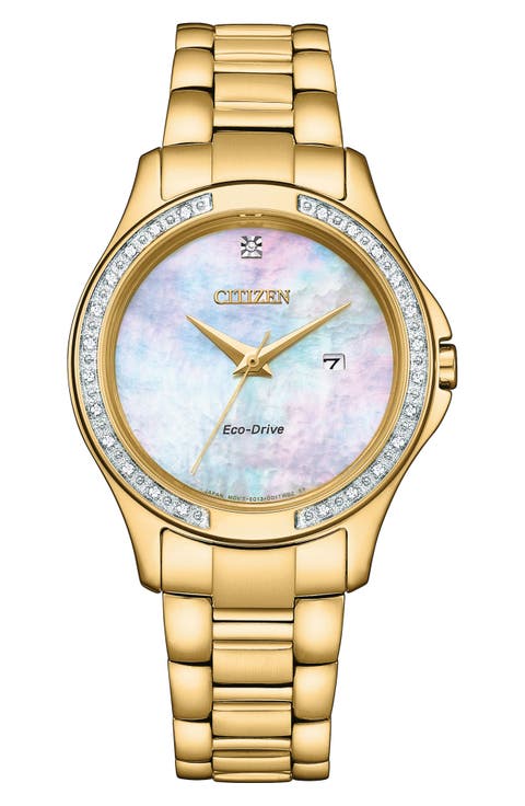 Eco-Drive Mother-of-Pearl & Crystal Bracelet Watch, 32mm