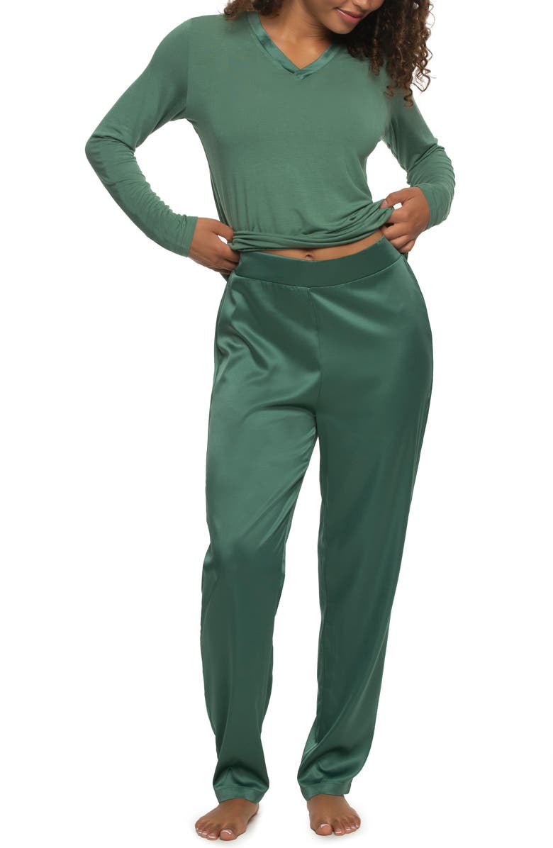 Felina Elysees Satin & Jersey Pajamas, Main, color, Dark Forest