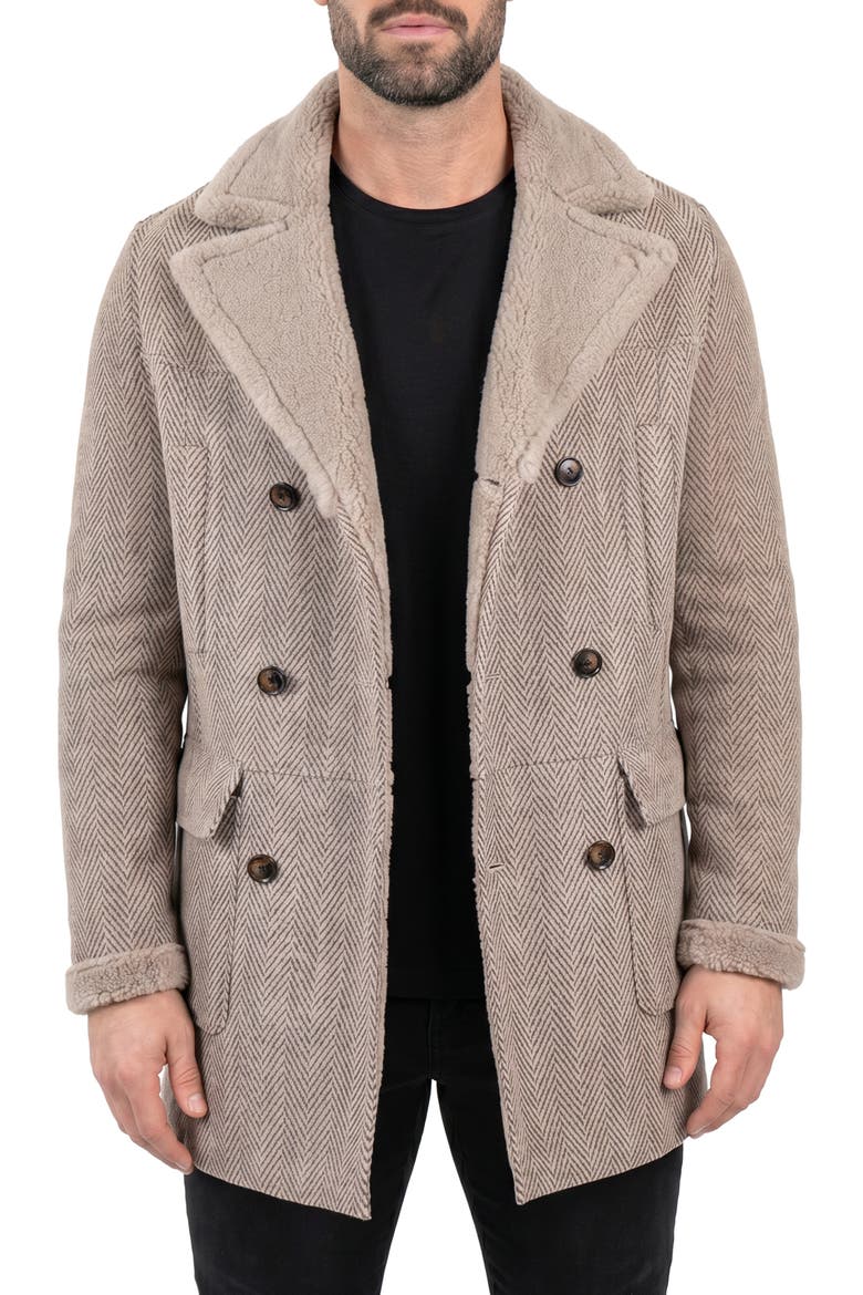 Captain Herringbone Genuine Shearling Peacoat, Main, color, BEIGE