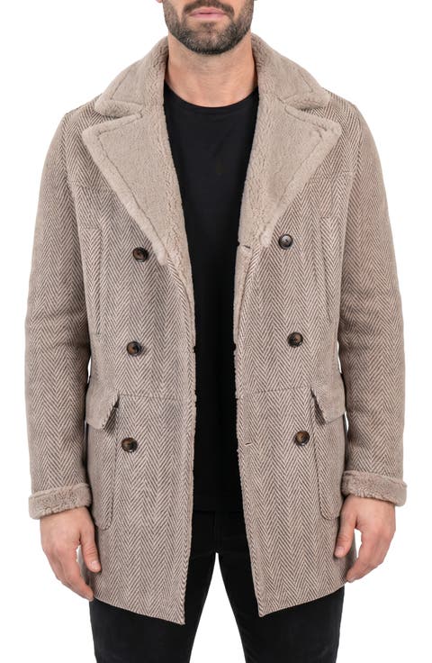 Captain Herringbone Genuine Shearling Peacoat