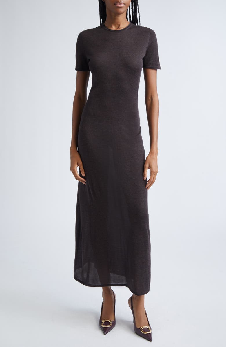 FERRAGAMO Straight Cut Sheer Cashmere, Wool & Silk Maxi T-Shirt Dress, Main, color, Dark Expresso Mel