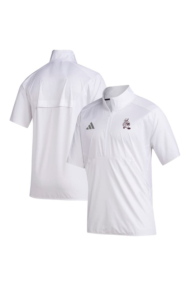 Men's adidas  White Texas A&M Aggies Ol' Sarge Sideline Short Sleeve Quarter-Zip Pullover Top, Main, color, White
