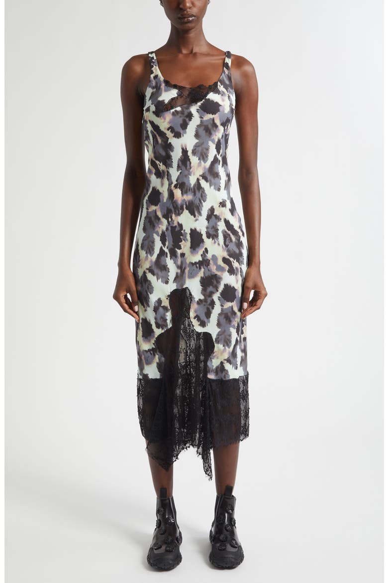 Anemone Satin & Lace Tank Dress, Main, color, SNOW LEOPARD