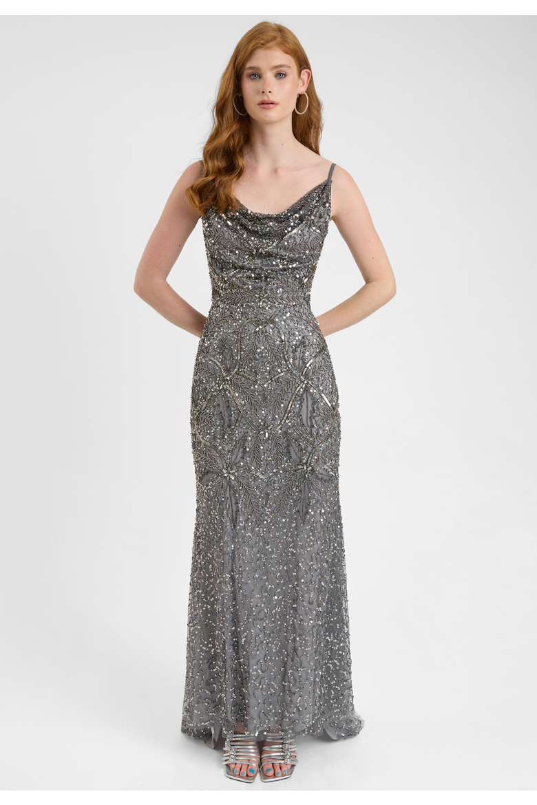 Embellished Sequin Beaded Maxi Dress With Cowl Neck, Alternate, color, CHARCOAL
