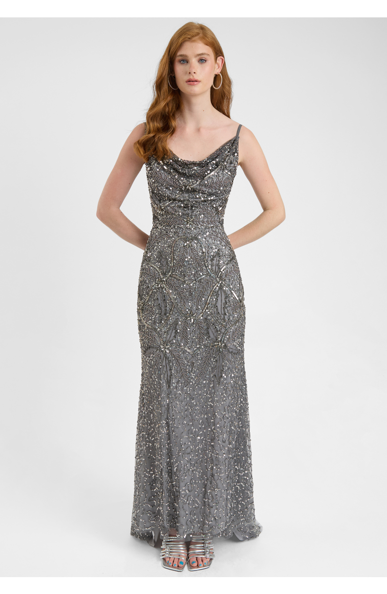BEAUUT Embellished Sequin Beaded Maxi Dress With Cowl Neck, Alternate, color, Charcoal