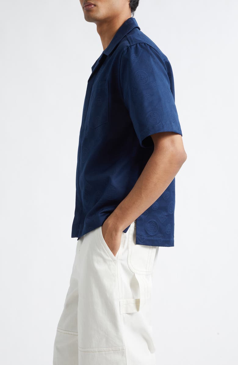 Casablanca Monogram Cotton Poplin Camp Shirt, Alternate, color, Navy