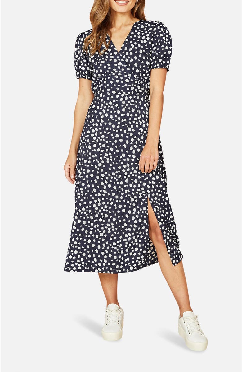 Yumi Spot Midi Tea Dress, Alternate, color, Navy