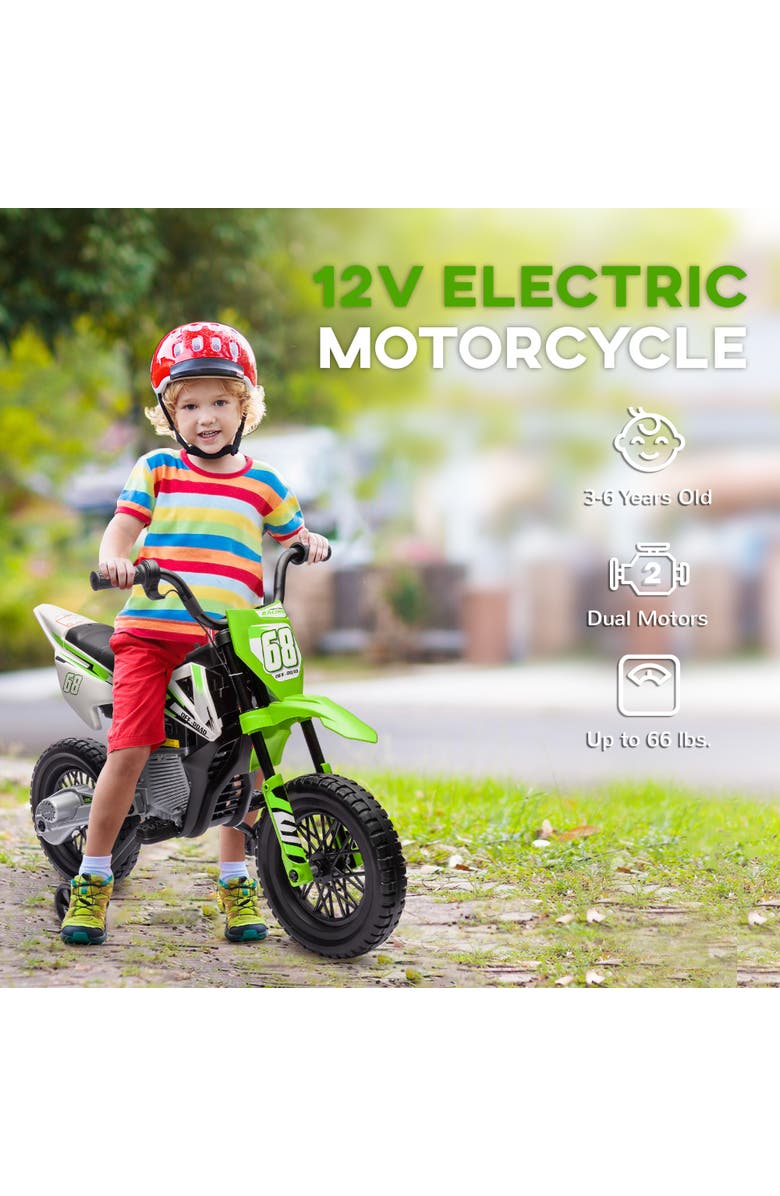 Qaba Kids Electric Motorcycle, 12V, Twist Throttle, Training Wheels, Rear Suspension, Music, Alternate, color, Green