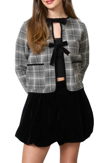 Blu Pepper Velvet Bow Plaid Jacket In Gray