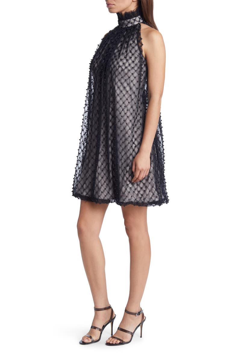 Tadashi Shoji Black Imitation Pearl Lace Trapeze Dress, Alternate, color, 