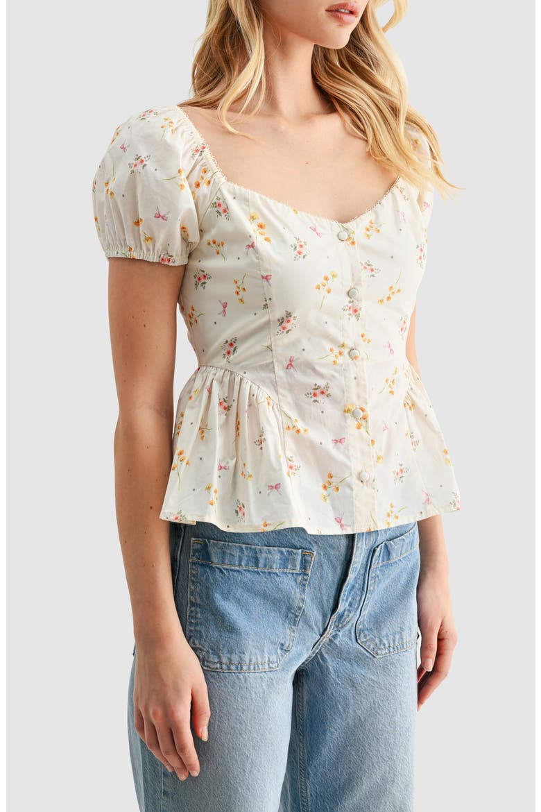 Floral Button Front Peplum Top, Alternate, color, CREAM PINK