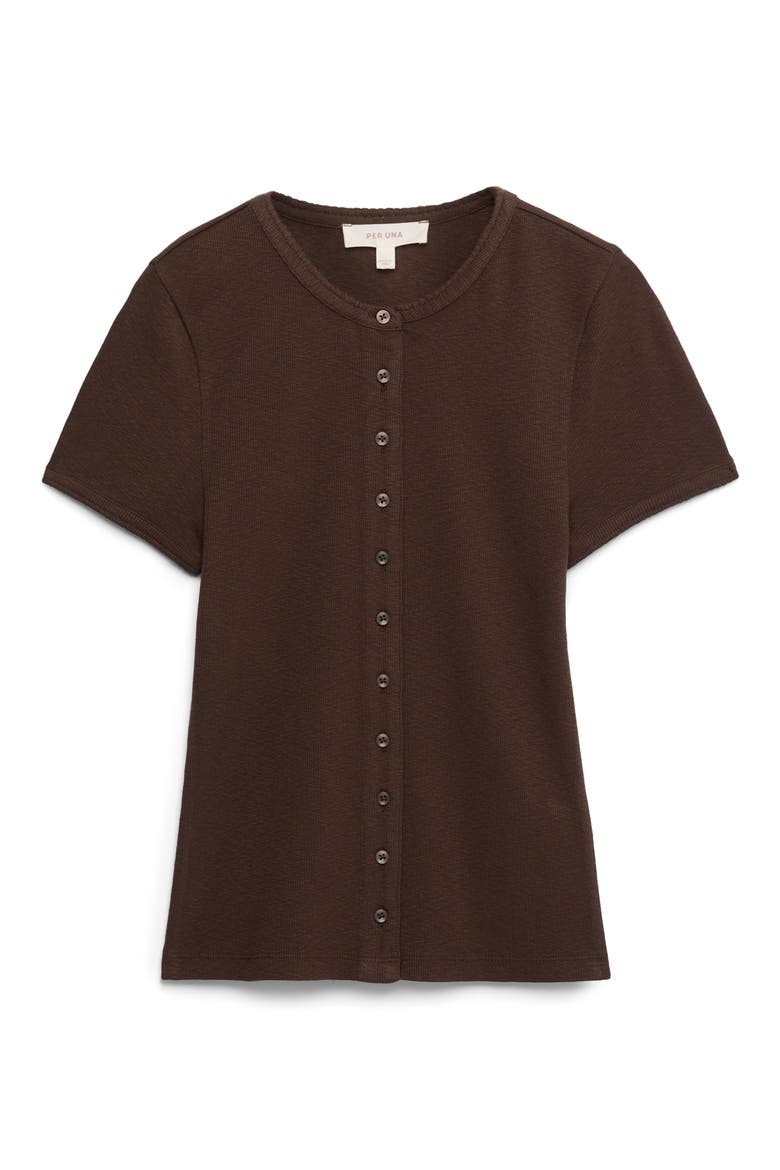Rib Short Sleeve Button-Up Top, Alternate, color, DARK MOLE BROWN