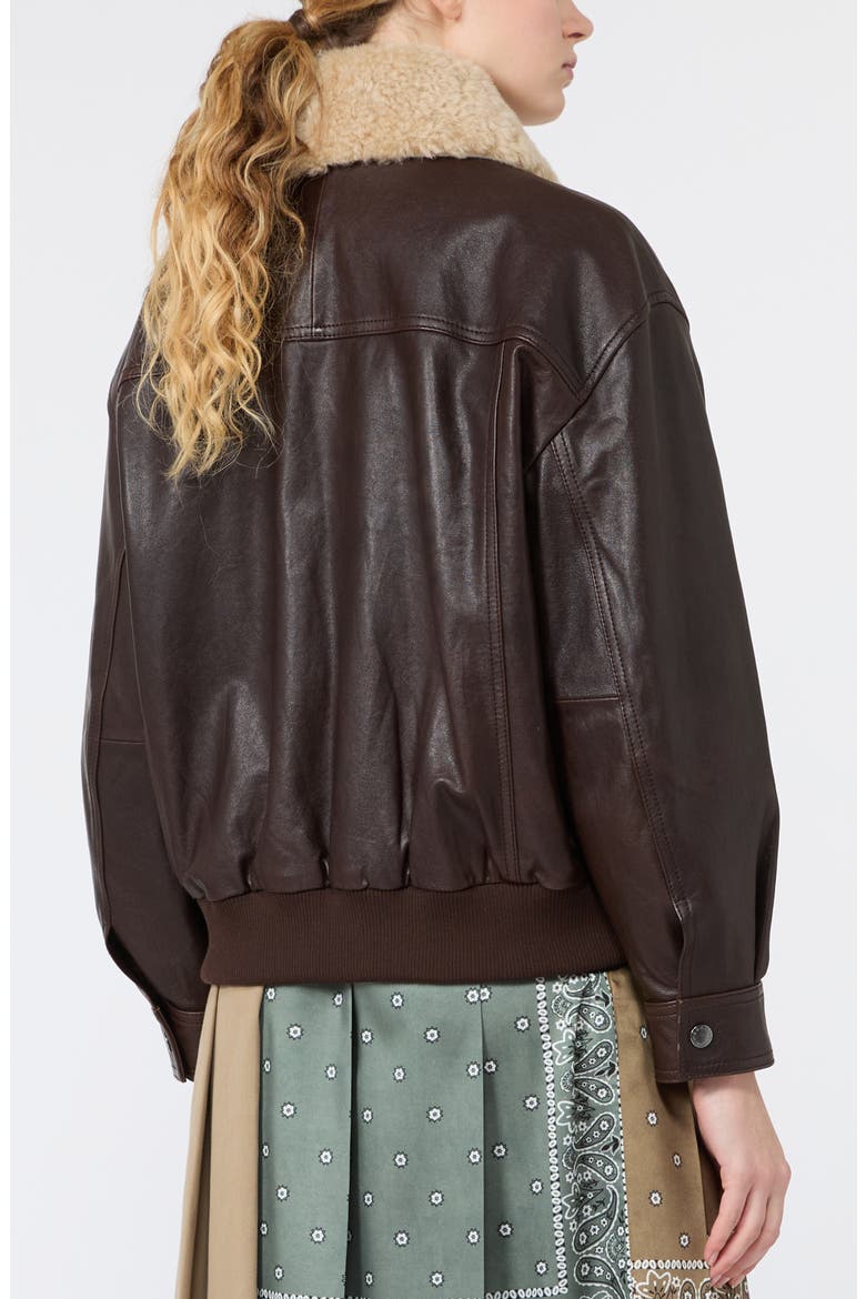 Genuine Shearling Collar Leather Bomber Jacket, Alternate, color, DARK BROWN
