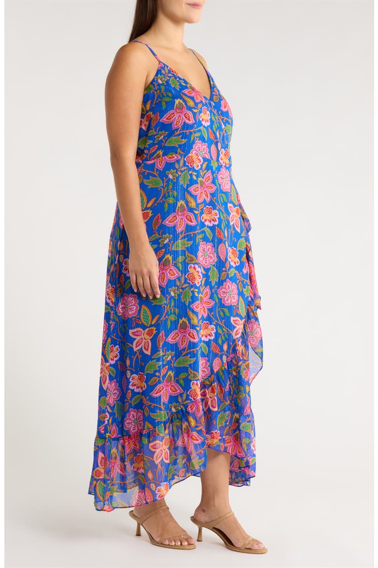 Wendey Metallic Floral Ruffle Cocktail Wrap Dress, Alternate, color, BLUE-MULT