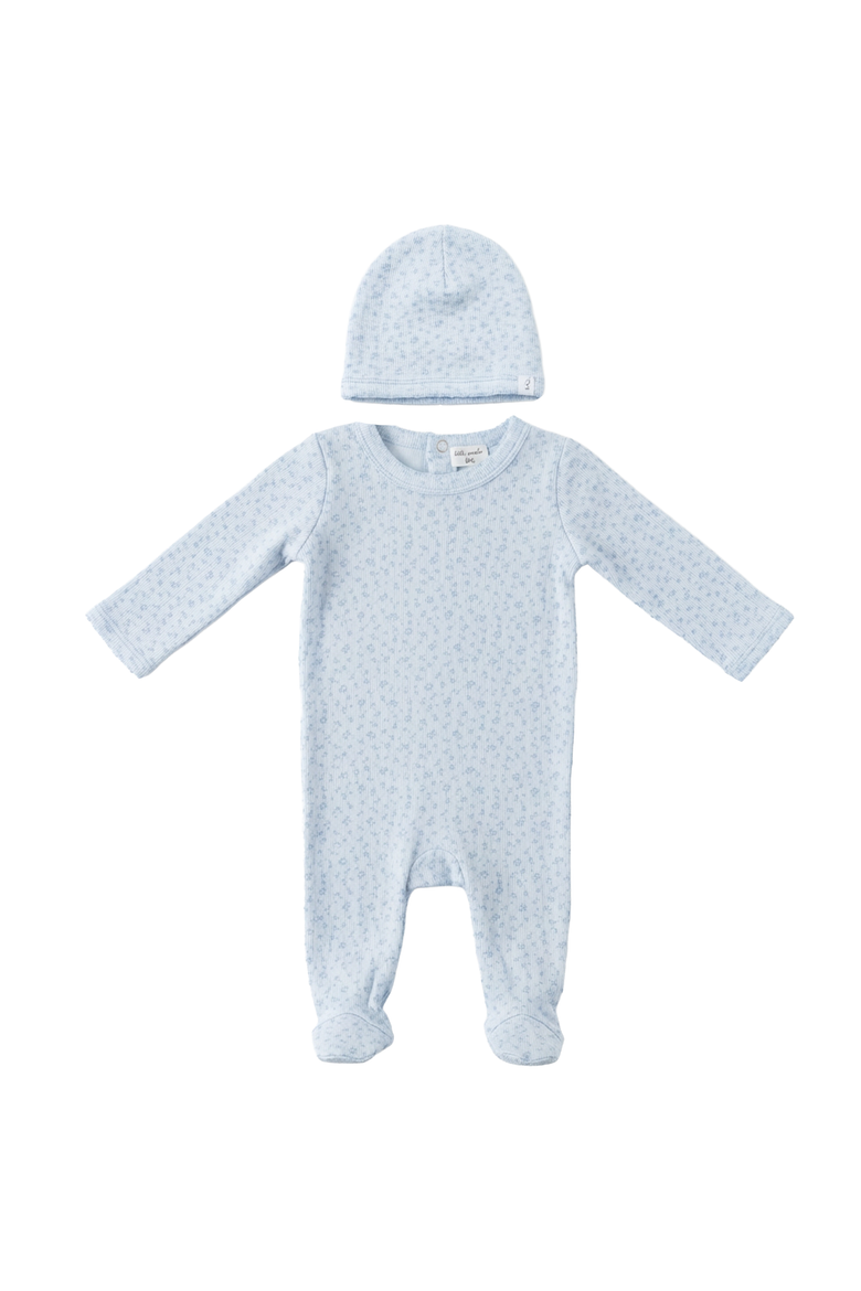 Boy Flower Pointelle Scalloped Edge Romper and Hat Set, Alternate, color, Blue