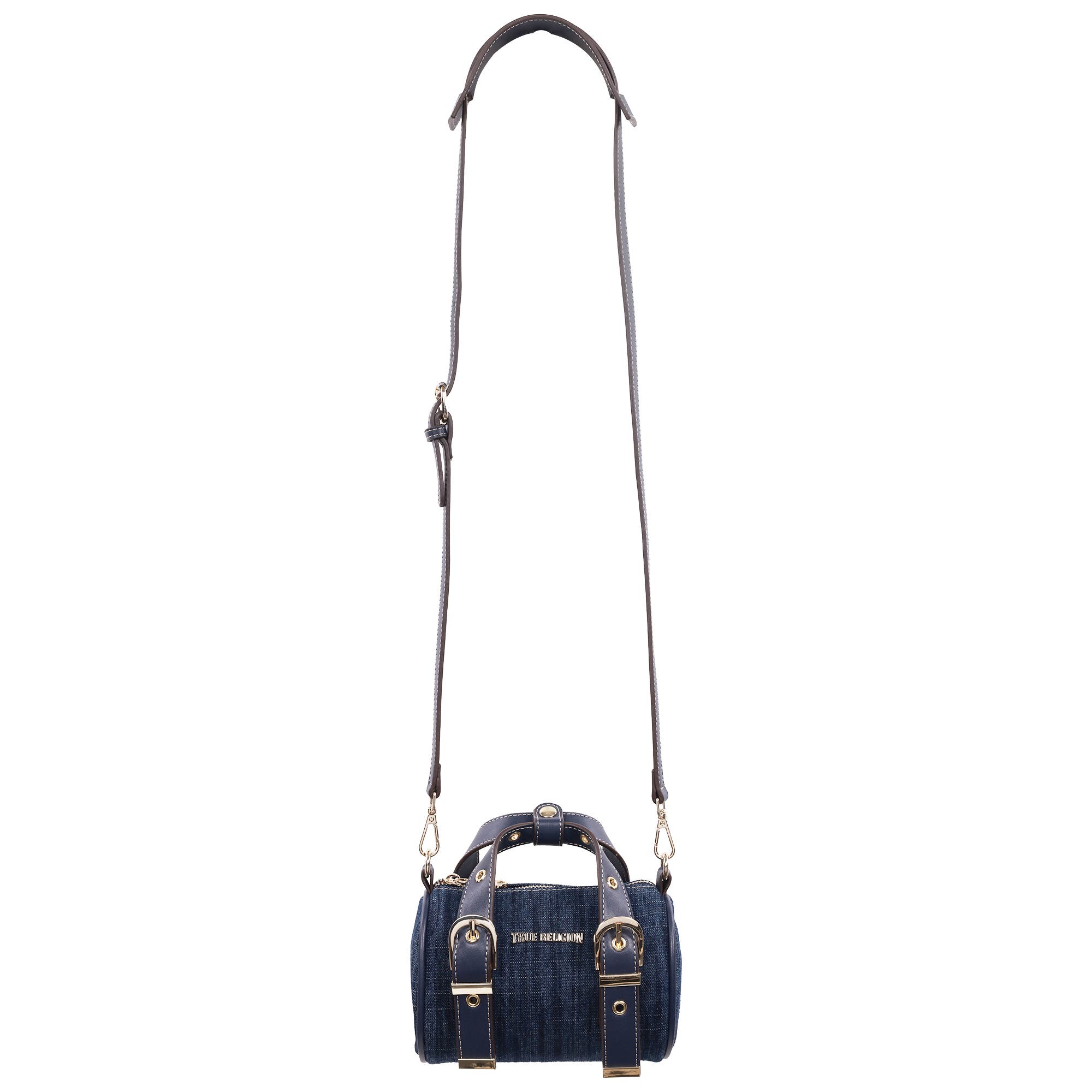 True Religion Denim Buckle Strap Mini Satchel, Alternate, color, Dark Denim