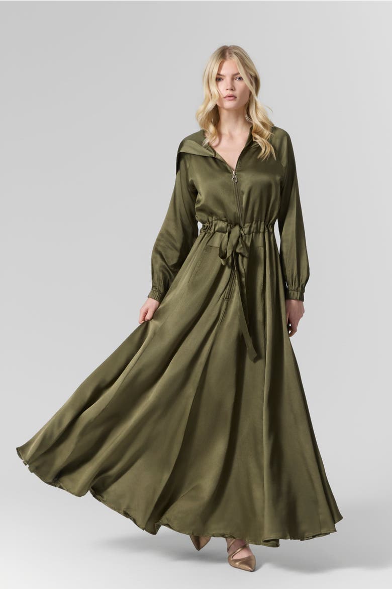 Silk Hooded Maxi Dress, Main, color, Olive Green