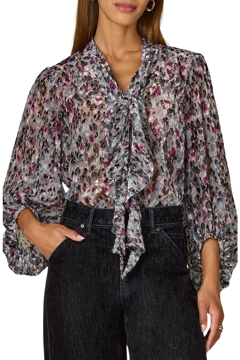 Abstract Print Burnout Velvet Peasant Top, Main, color, BLACK/ PLUM MULTI
