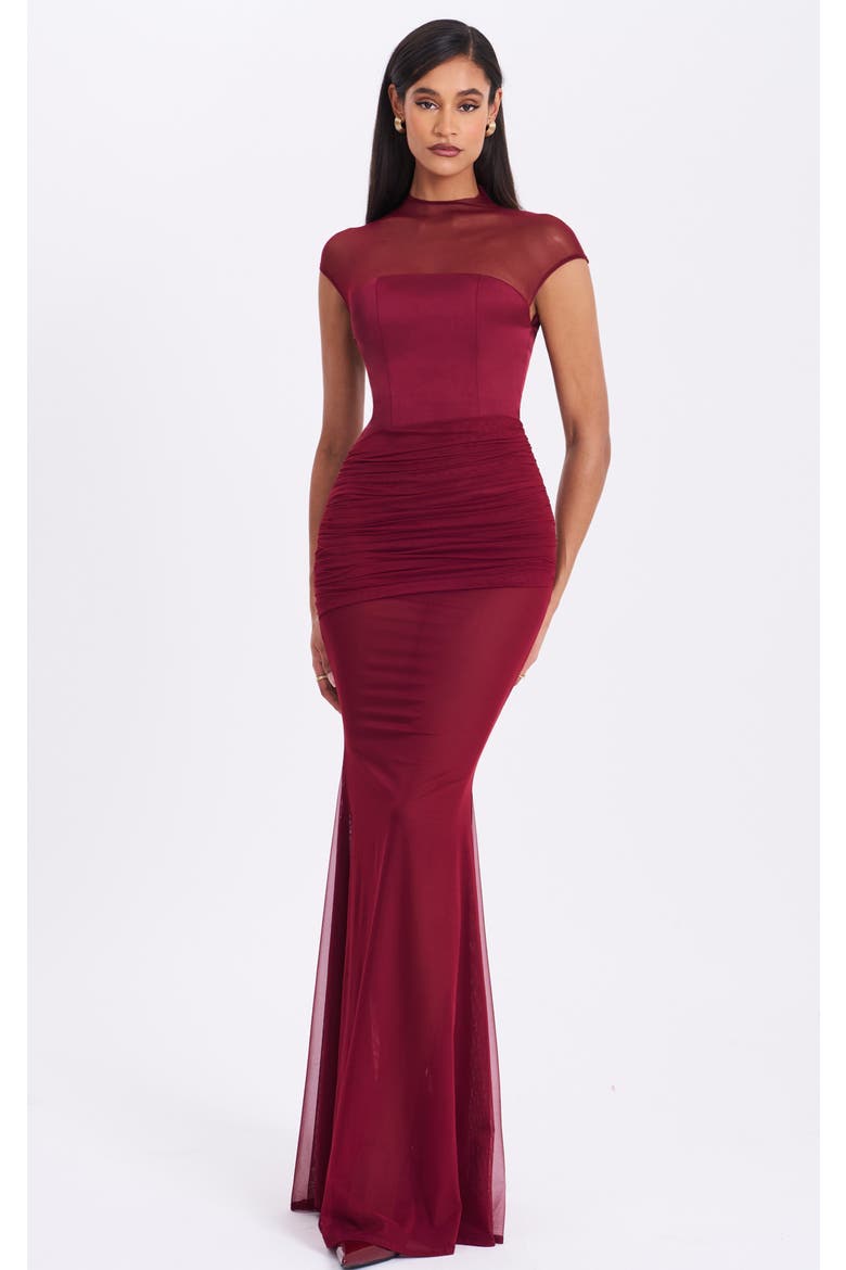 Fabienne Mesh Cap Sleeve Mermaid Gown, Main, color, Burgundy