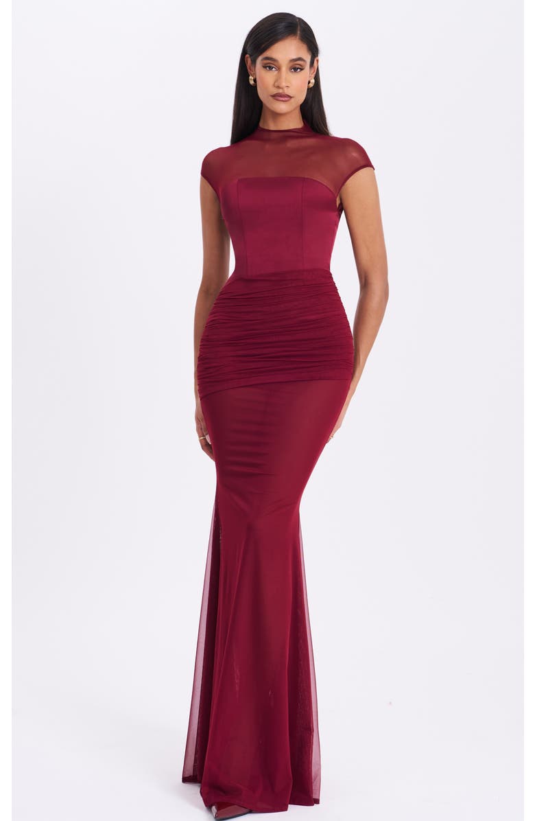 Miss Circle Fabienne Mesh Cap Sleeve Mermaid Gown, Main, color, Burgundy