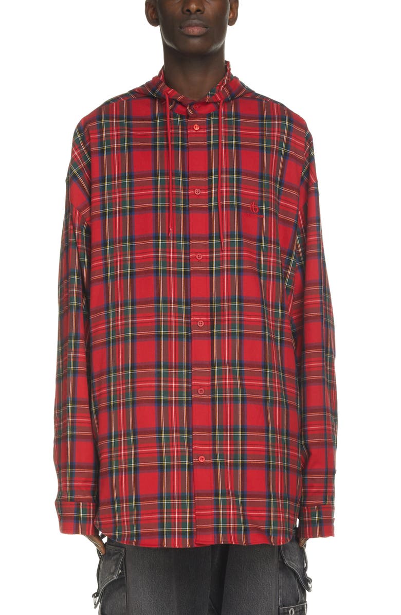 Balenciaga Plaid Hooded Flannel Button-Up Shirt, Main, color,