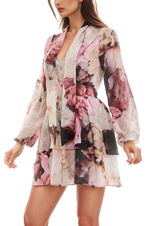 Socialite Floral Print Tiered Long Sleeve Minidress In Mauve/cream