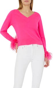 Milly Feather Cuff V-Neck Sweater