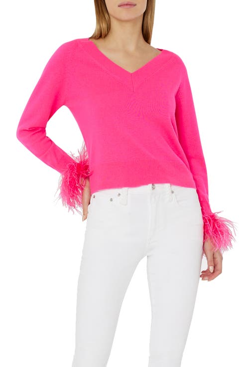 Milly Feather Cuff V-Neck Sweater (Regular & Petite)