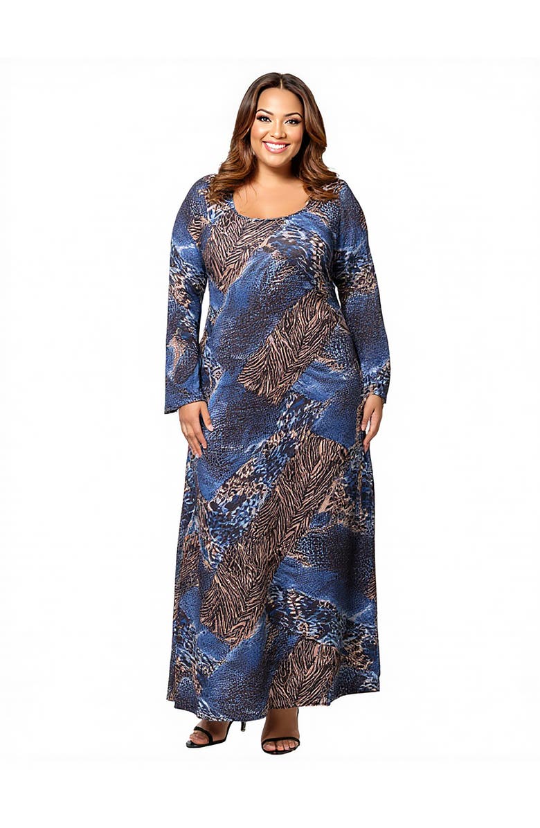 24seven Comfort Apparel Animal Print Long Sleeve Scoop Neck Maxi Dress, Main, color, Blue Multi