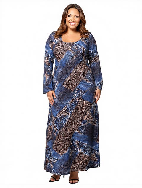 Animal Print Long Sleeve Scoop Neck Maxi Dress