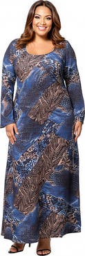 24seven Comfort Apparel Animal Print Long Sleeve Scoop Neck Maxi Dress