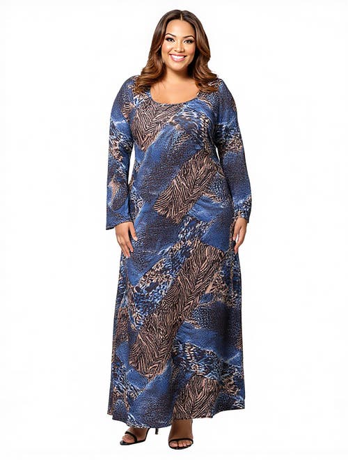 24seven Comfort Apparel Animal Print Long Sleeve Scoop Neck Maxi Dress In Blue