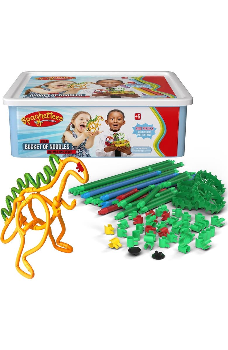 Mukikim Spaghetteez Bucket of Noodles- Ultimate Flexible Connectible 200-piece STEM Building Set for Kids - Stretchy, Bendable Construction Toy for Creative Play- Ideal for Age 4+, Main, color, Multi