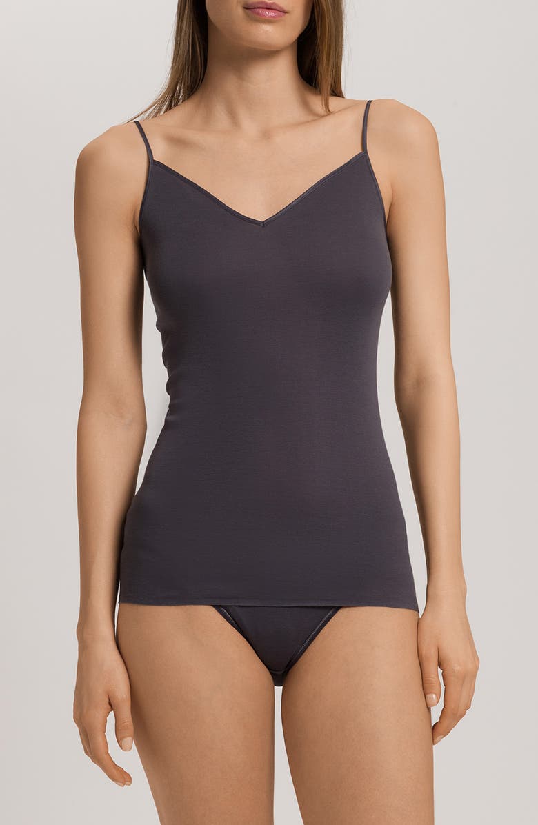 Hanro Seamless V-Neck Cotton Camisole, Main, color, Black Pearl