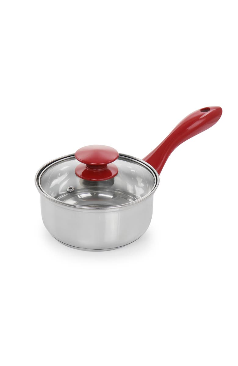 Gibson Home Crawson 7 Piece Stainless Steel Cookware Set in Chrome with Handles, Alternate, color, Red