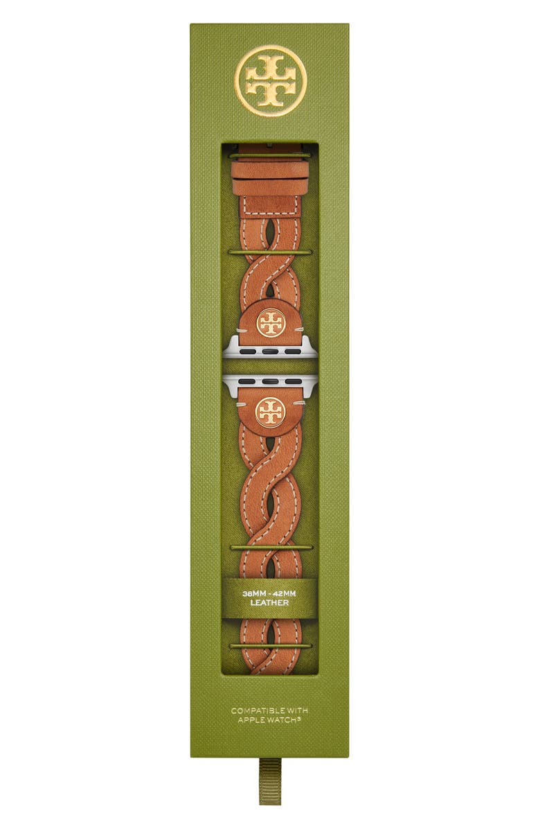 Tory Burch Braided Leather 20mm Apple Watch<sup>®</sup> Watchband, Alternate, color, Caramel