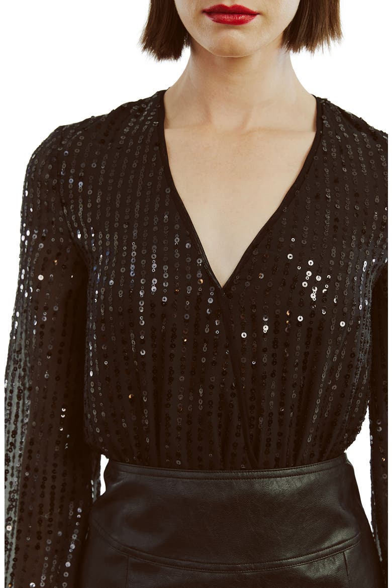 Sequin Wrap Front Bodysuit, Alternate, color, BLACK