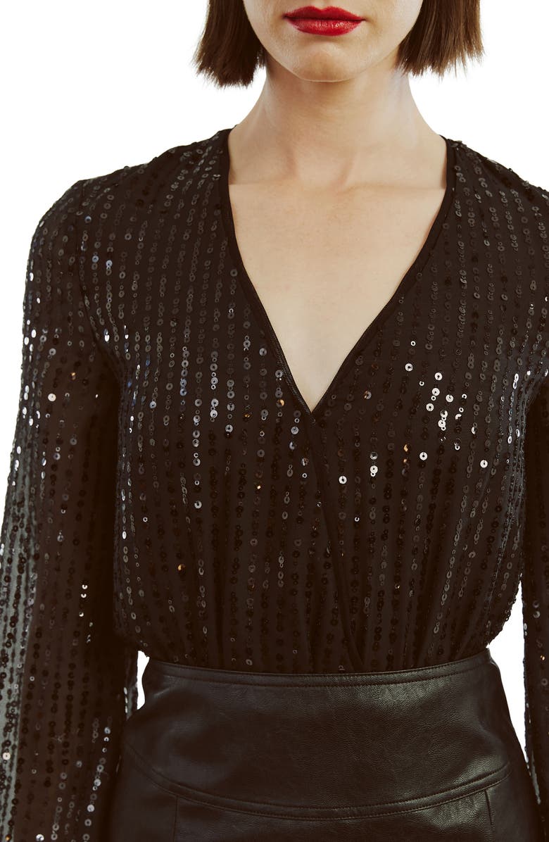 Bardot Sequin Wrap Front Bodysuit, Alternate, color, Black