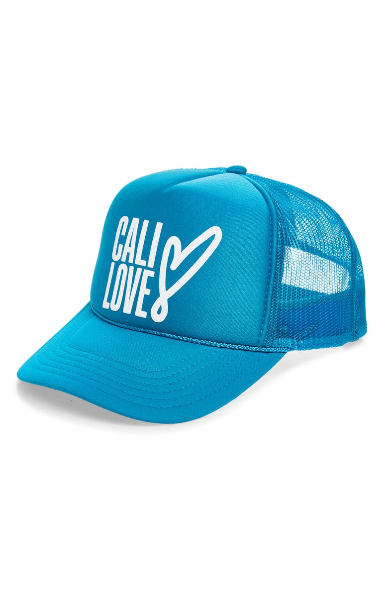 Local Beach Cali Love Trucker Hat, Main, color, Turquoise/ White