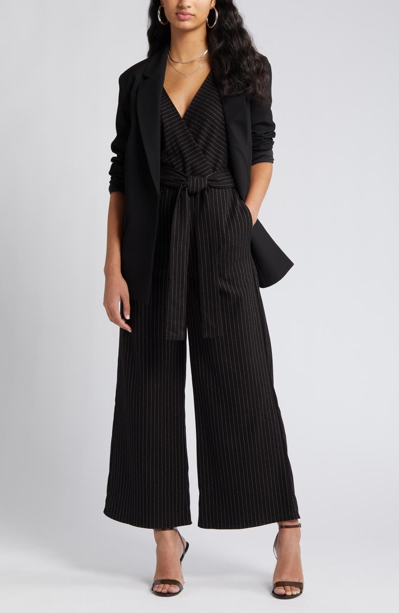 Chelsea28 Pintstripe Faux Wrap Jumpsuit, Main, color, Black Pinstripe