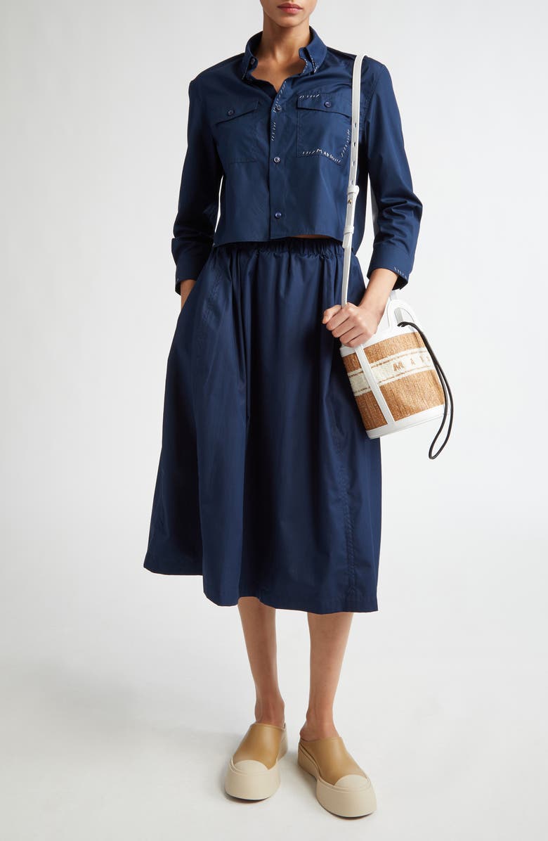 Marni Embroidered Logo Crop Cotton Poplin Button-Down Shirt, Alternate, color,