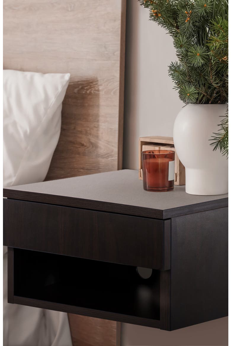 Ettore Modern Floating Nightstand, Wall-Mounted Bedside Table with 1-Drawer Open Cubby Storage Space for Bedroom, Alternate, color, Black