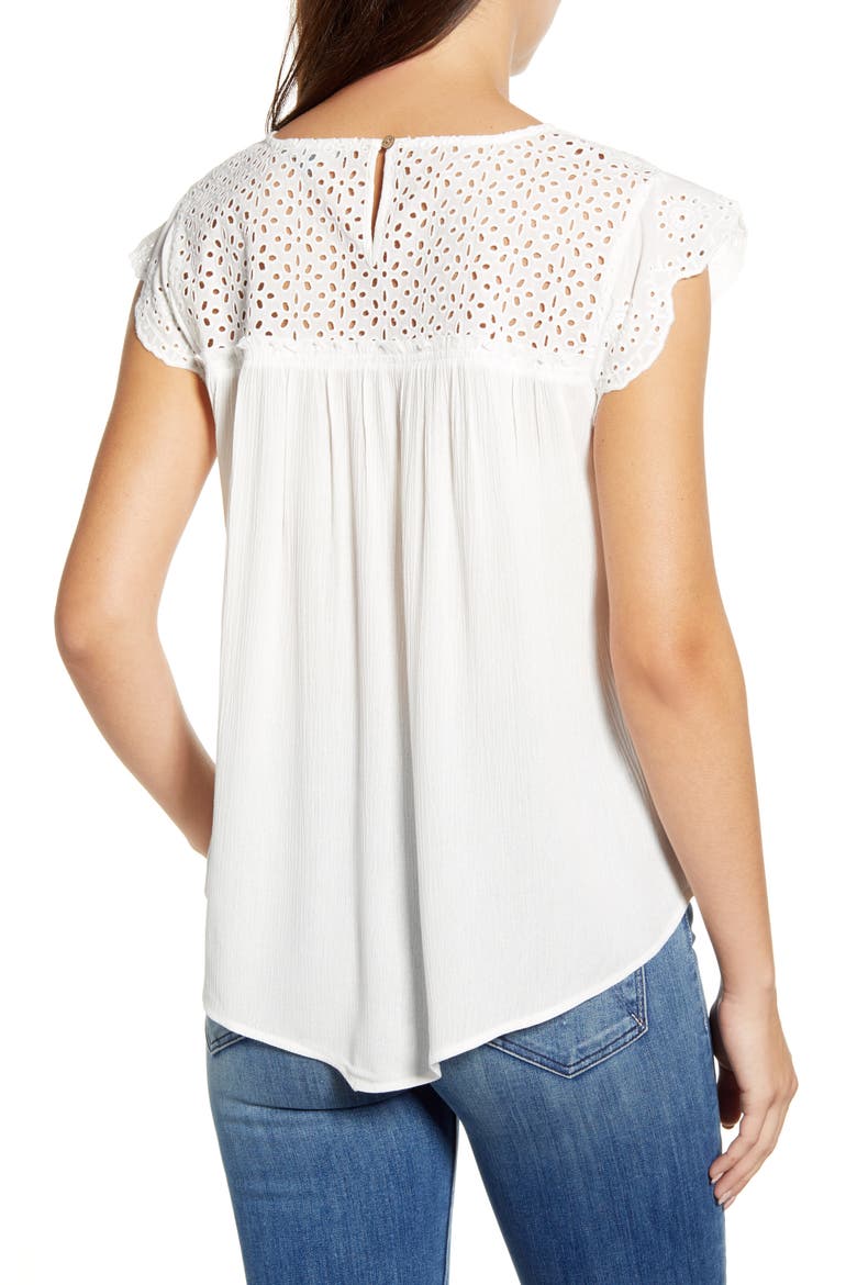 Eyelet Yoke Gauze Cap Sleeve Top (Nordstrom Exclusive), Alternate, color, OFF WHITE