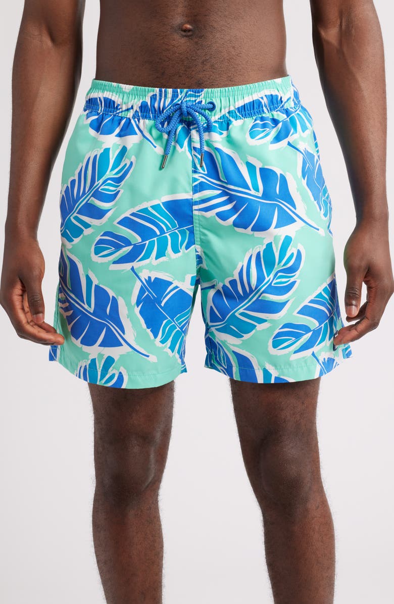 Tom & Teddy Palm Leaf Print Swim Trunks, Main, color, Green Blue