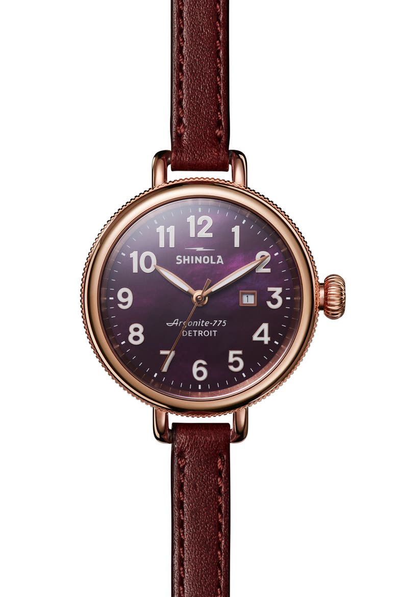 The Birdy Leather Strap Watch, 34mm, Main, color, BURGUNDY/ GOLD