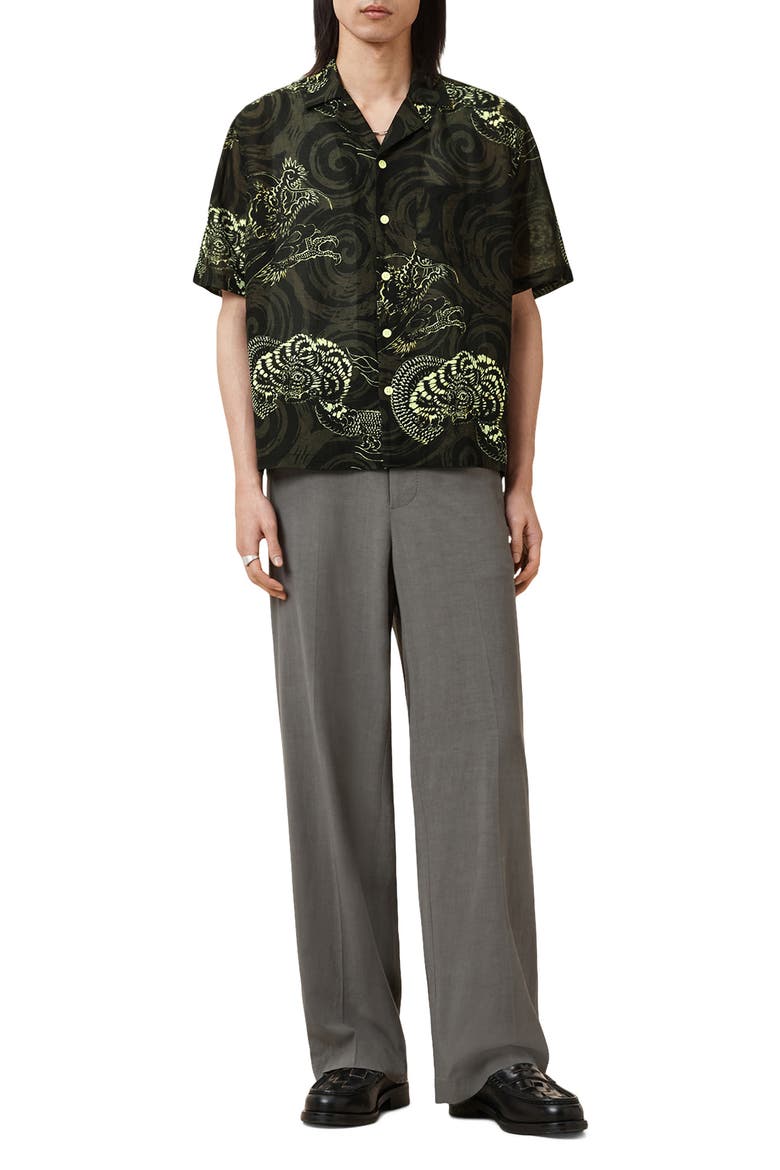 Sidewinder Dragon Print Viscose & Linen Camp Shirt, Alternate, color, KELP GREEN