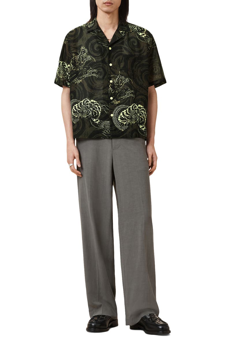 AllSaints Sidewinder Dragon Print Viscose & Linen Camp Shirt, Alternate, color, Kelp Green